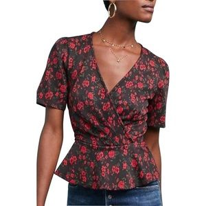 Anthropologie Meadow Rue Heartland Floral Black and Red Peplum Top